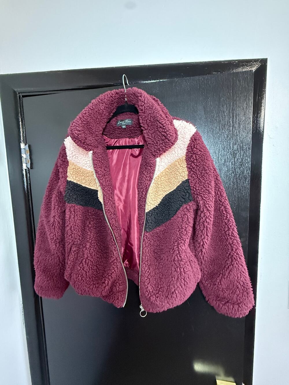 Love Tree Women’s Small Teddy Sherpa Fleece Jacket Burgundy Colorblock Full Zip